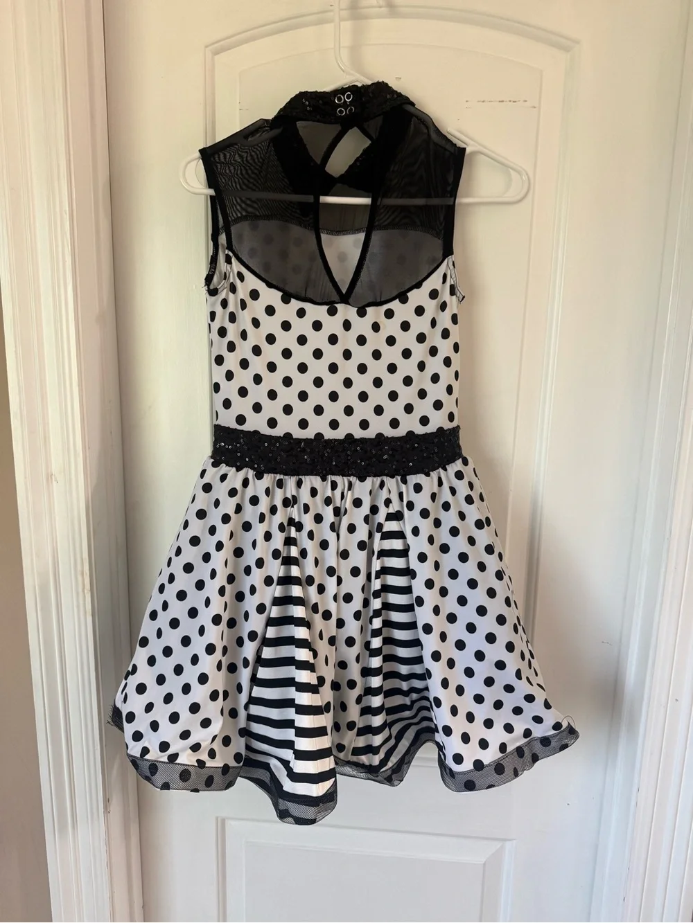 Weissman Black and White Polka Dot Dress with Sheer Yoke, child XL